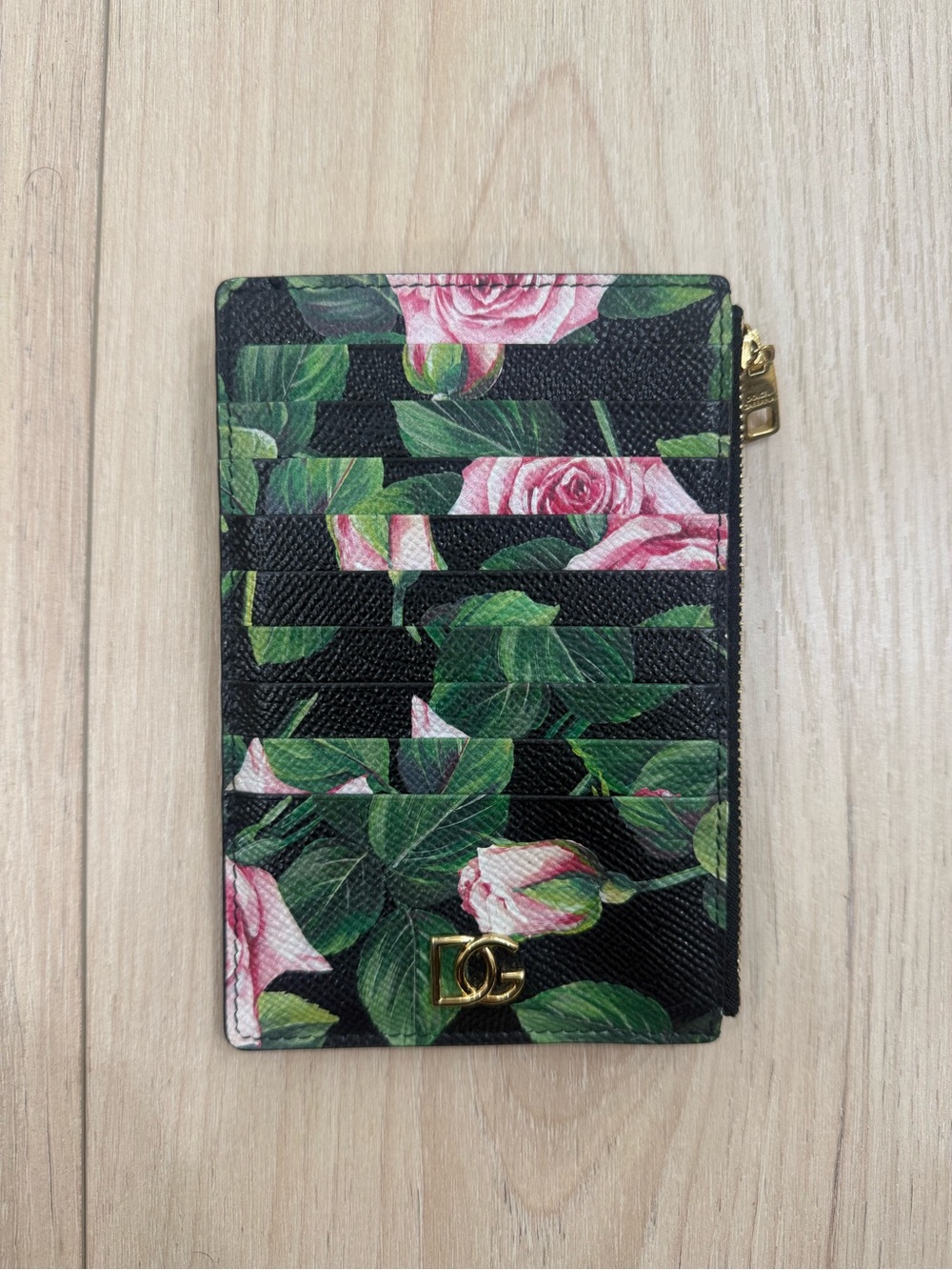 Dolce & Gabbana Black Floral Card Holder with Pink Roses